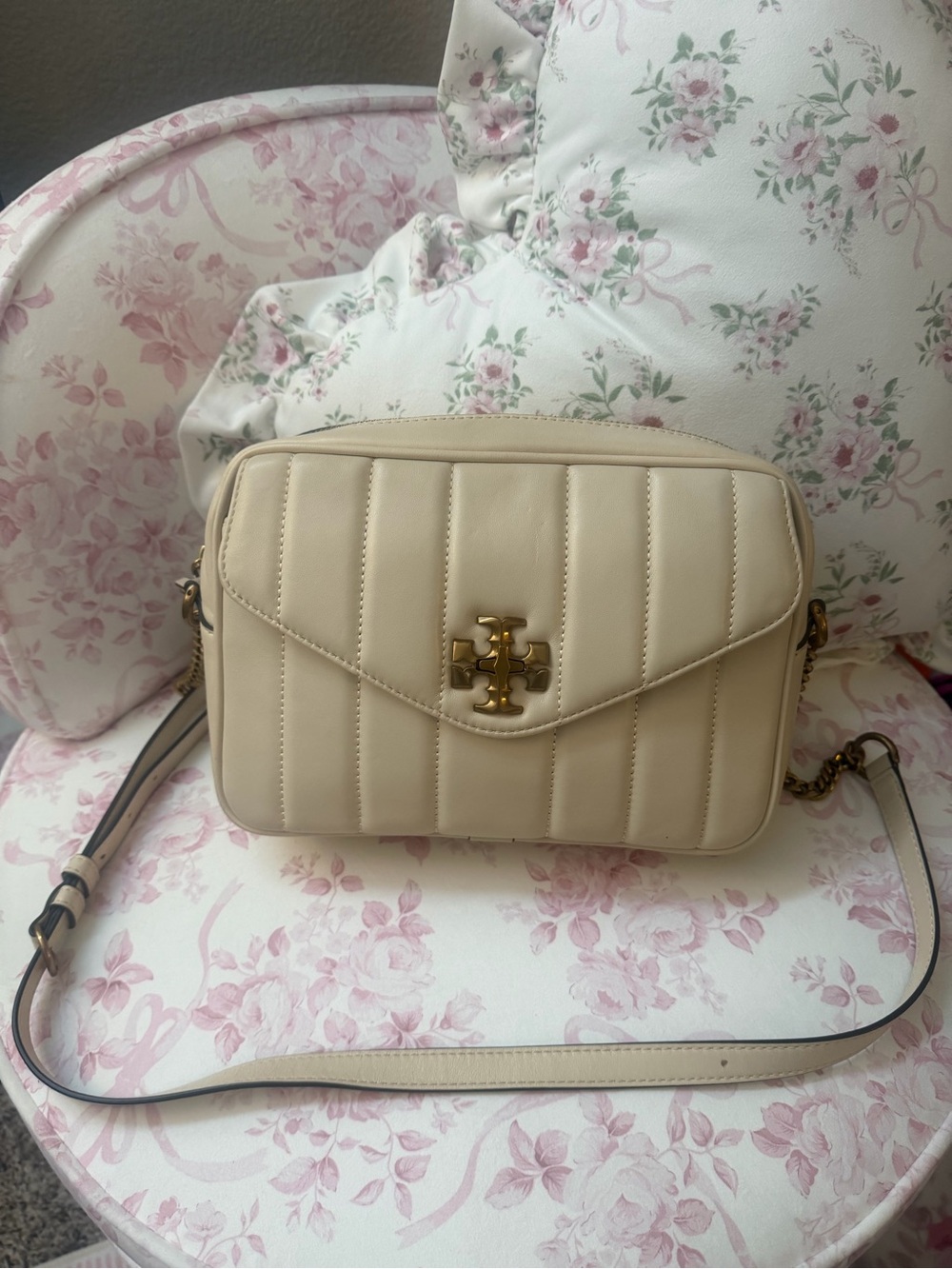 Tory Burch Beige Quilted Leather Crossbody with Gold Logo